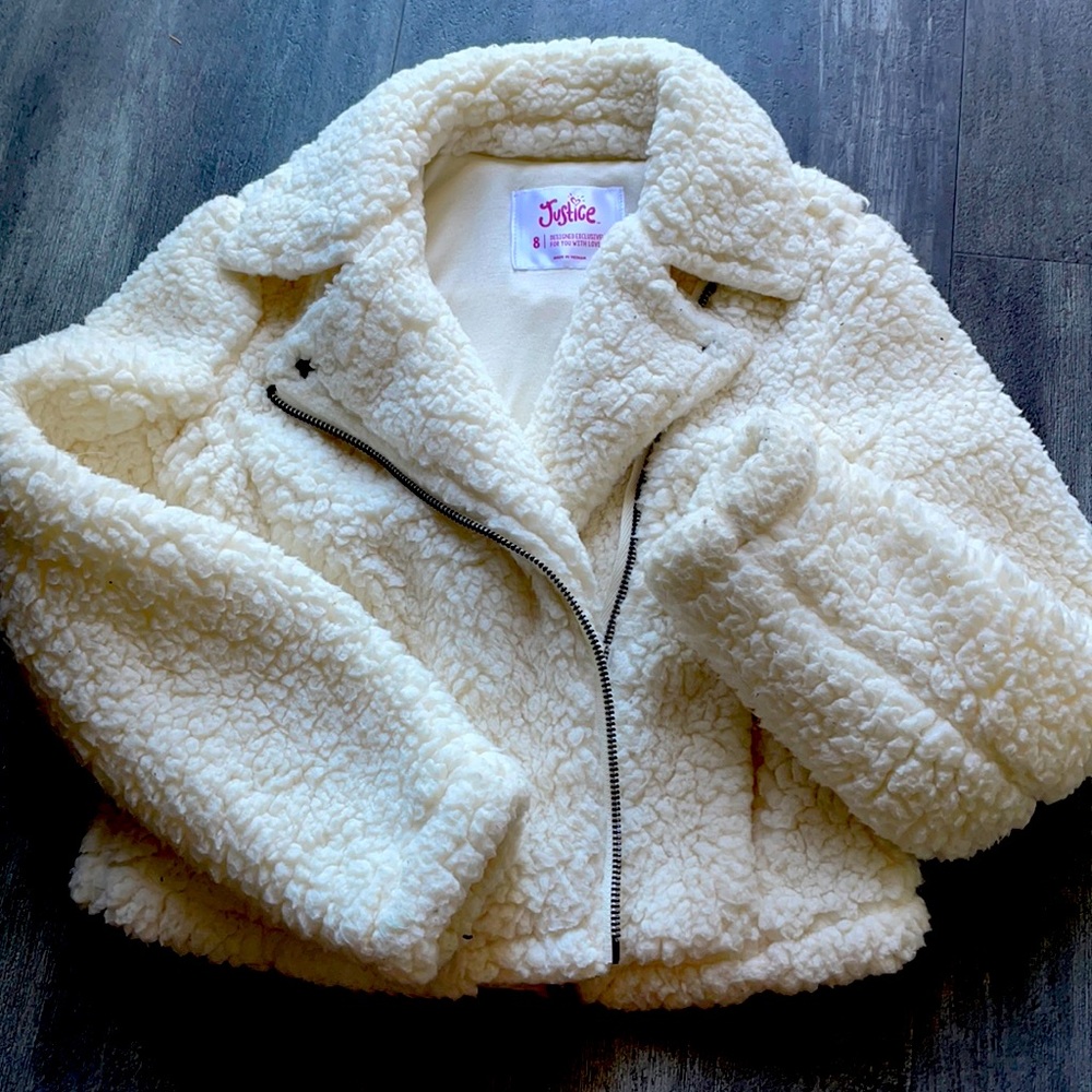 JUSTICE plush cropped jacket size 8 cream color